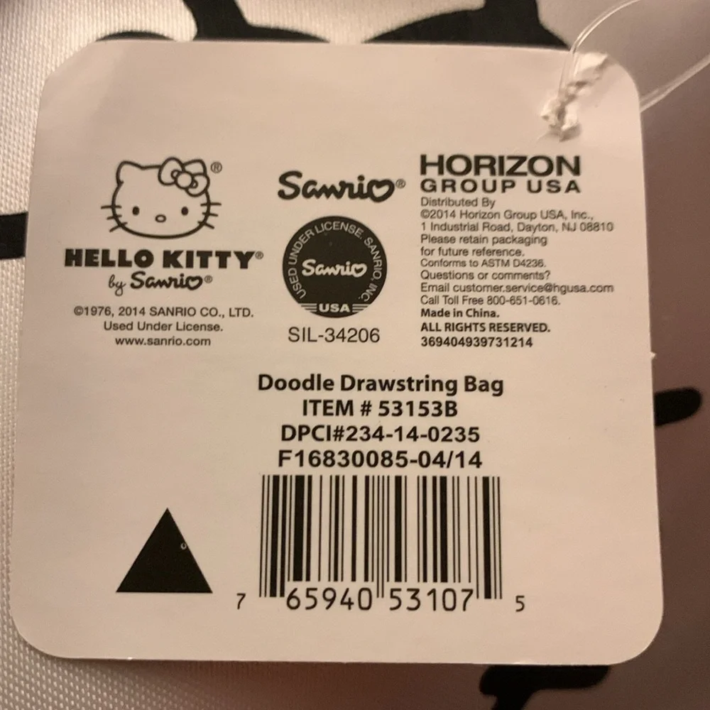 NWT Sanrio “Hello Kitty” Doodle Drawstring Bag.